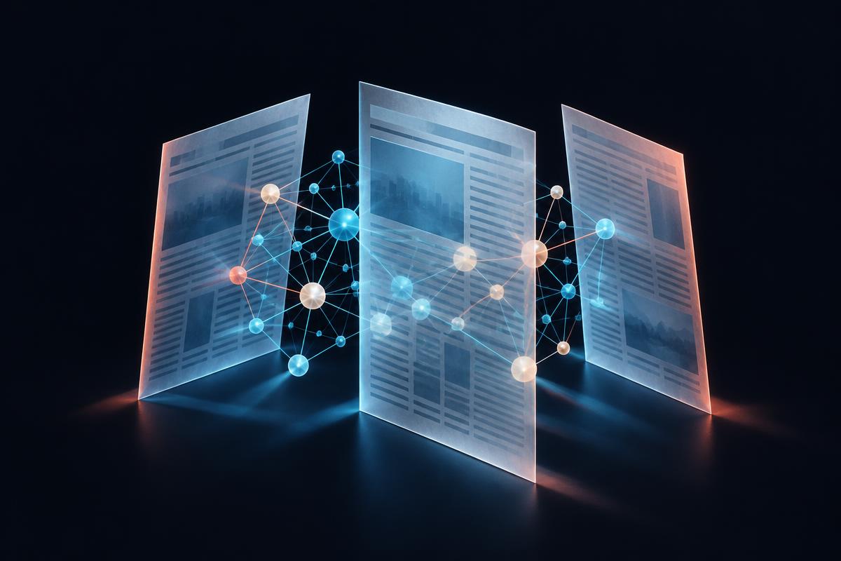 Translucent news panels revealing a network of connections beneath the surface