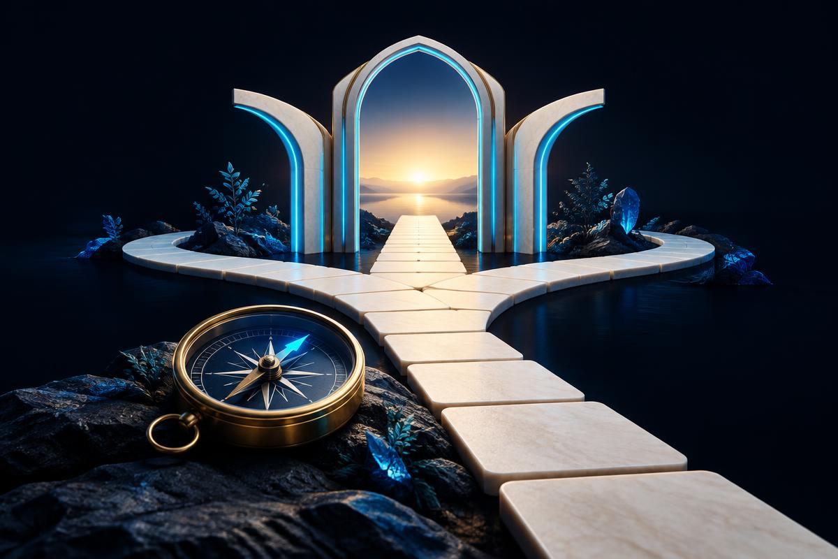 A compass guiding branching pathways toward a distant planning horizon