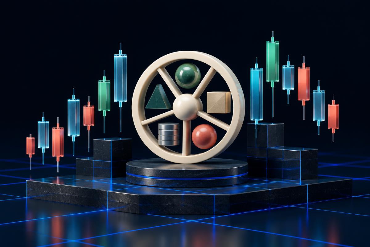 Mixed market candlesticks surrounding a balanced portfolio wheel